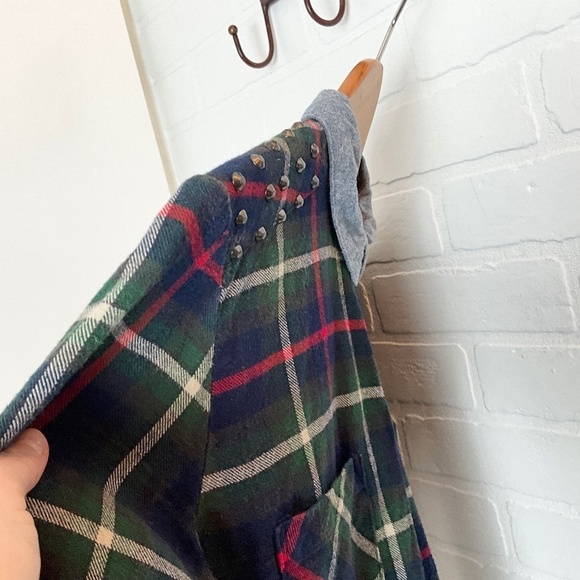 Vintage Y2K Button down Shirt Plaid Flanelle Studds Elbow patches Amnesia Navy S - Picture 13 of 16